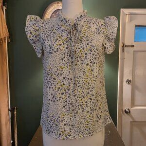 SHEIN M White Blue Yellow Ruffle Neck Tie Sleeveless Blouse